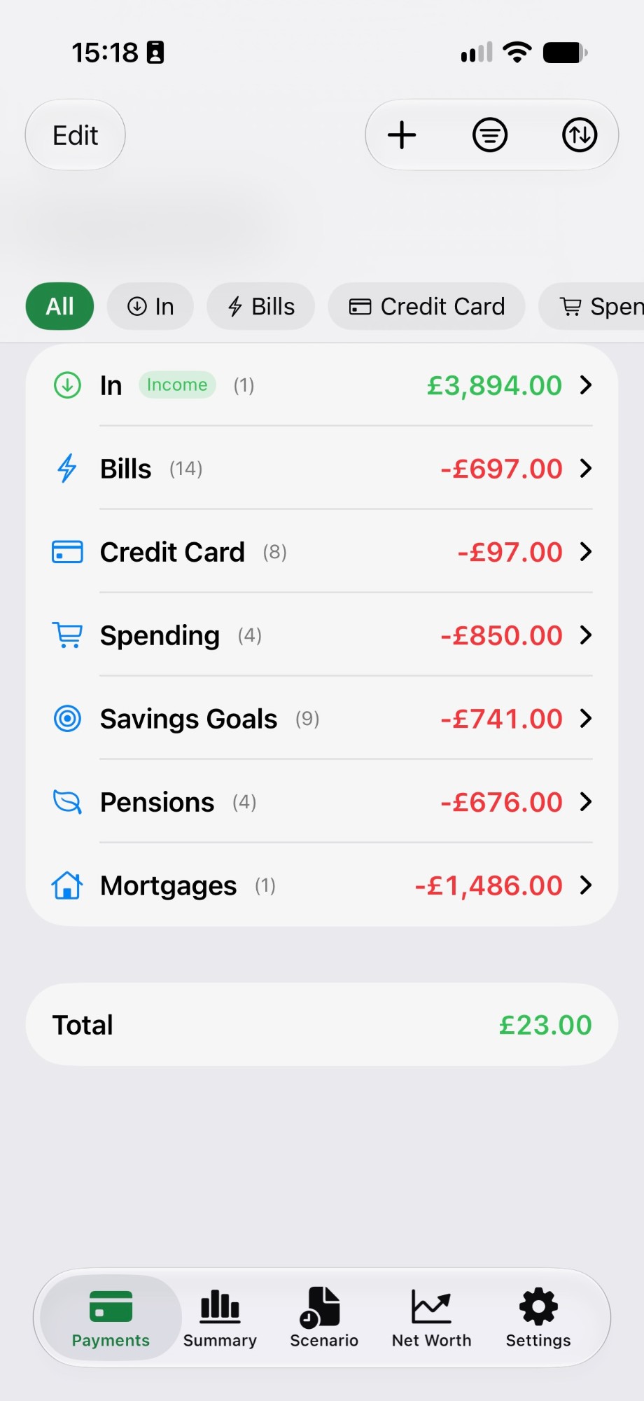AkitaBudget payments tab listing income, bills, credit card, spending, savings goals, pensions and mortgage totals, with the overall total
