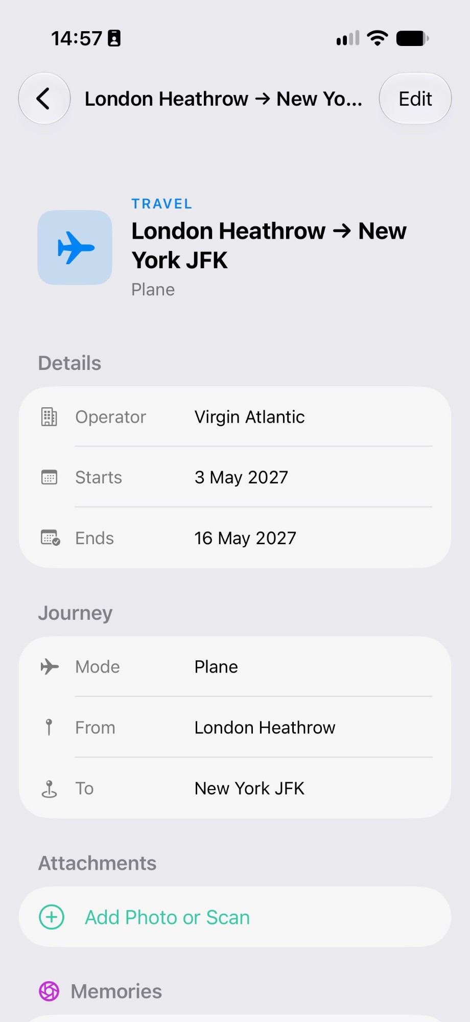 AkitaTravel leg screen for a London Heathrow to New York JFK flight, showing operator, dates, mode, origin and destination